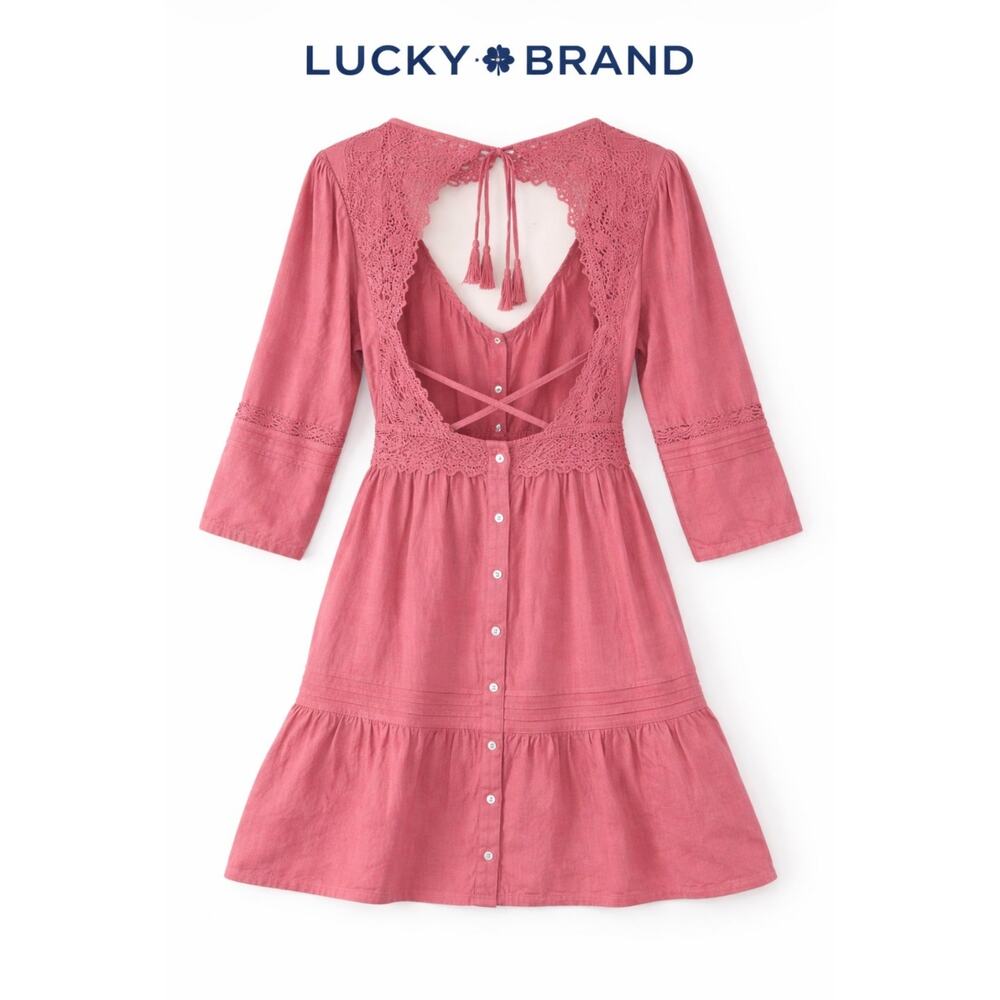 Lucky Brand Dress Women's Embroidered Open-Back Lace Trim Boho Maxi Size L NEW